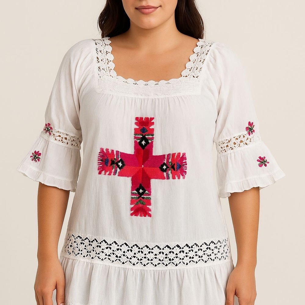 Mexican Huasteco Potosino Embroidered Blouse White Cotton  Handmade Top Size M